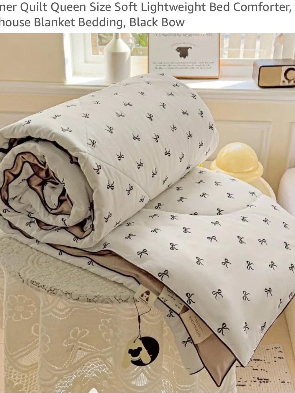 Reversible Bow-Print Comforter Set in Cream and Tan - Unbranded